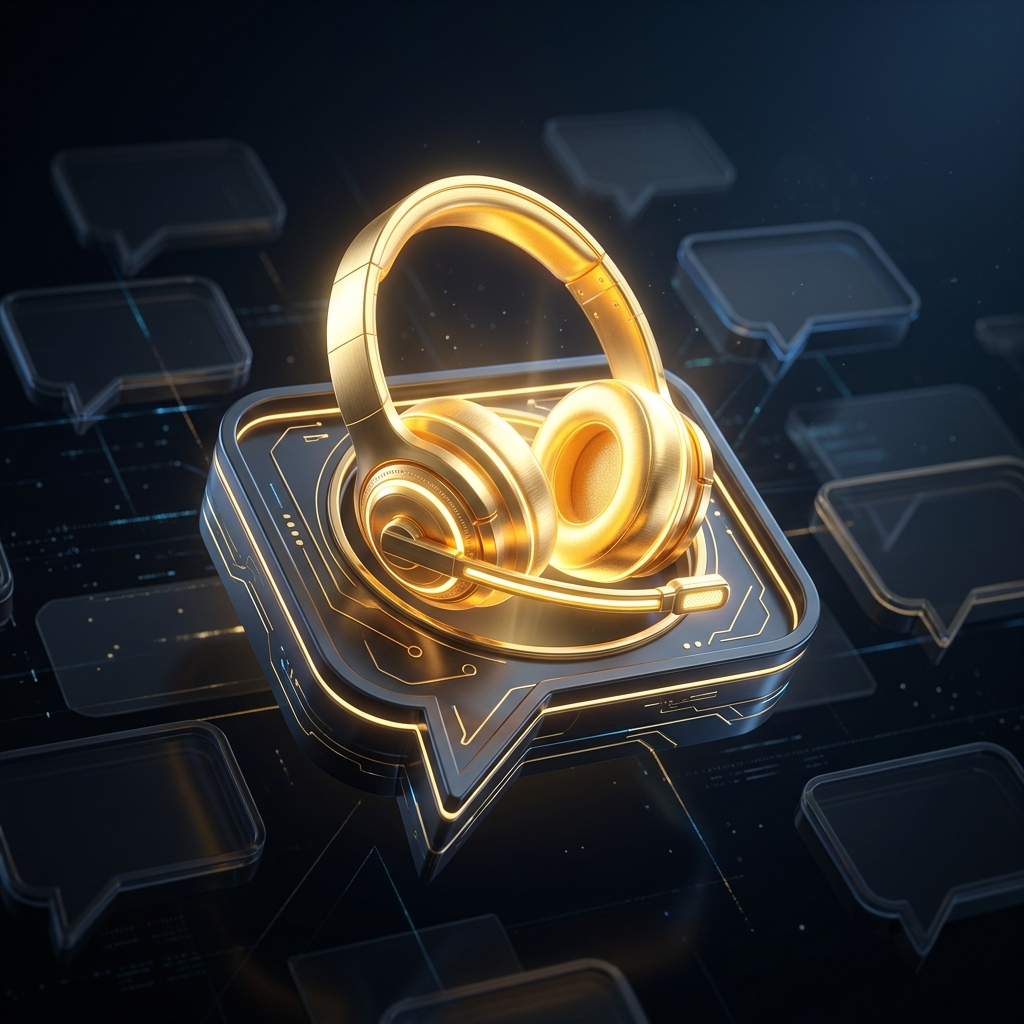 A sleek abstract 3D render of a glowing golden headphones icon rising out of a dark chat bubble, other empty bubbles fading into the background.