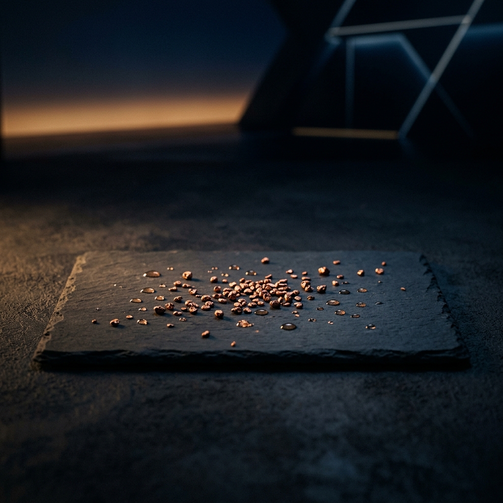 Minimal abstract editorial photography of a dark slate tray with tiny copper seeds, representing abundance from minimal cost.