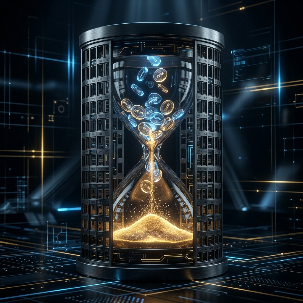 A sleek abstract 3D render of glowing glass tokens fading to ash inside an hourglass built from a calendar grid.