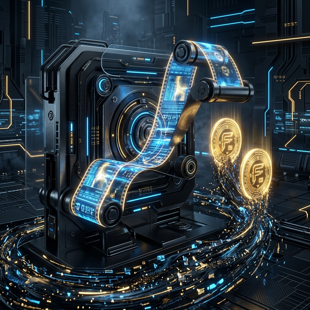 A sleek abstract 3D render of a glowing film strip being paid for twice, with duplicate golden coins dissolving into a dark render queue.