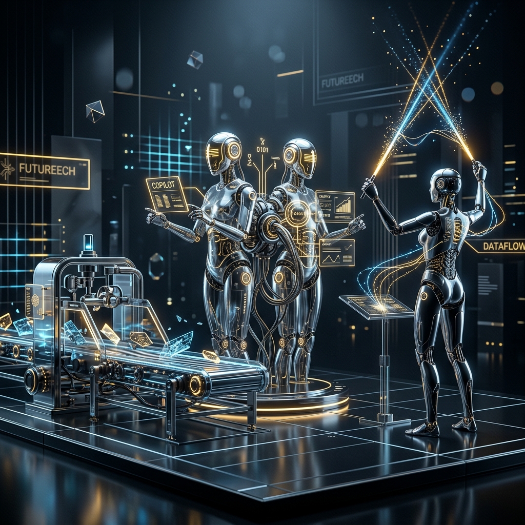 A sleek abstract 3D render of three distinct glass machines — a conveyor, a dual-headed copilot form, and a conductor figure with radiating light batons.