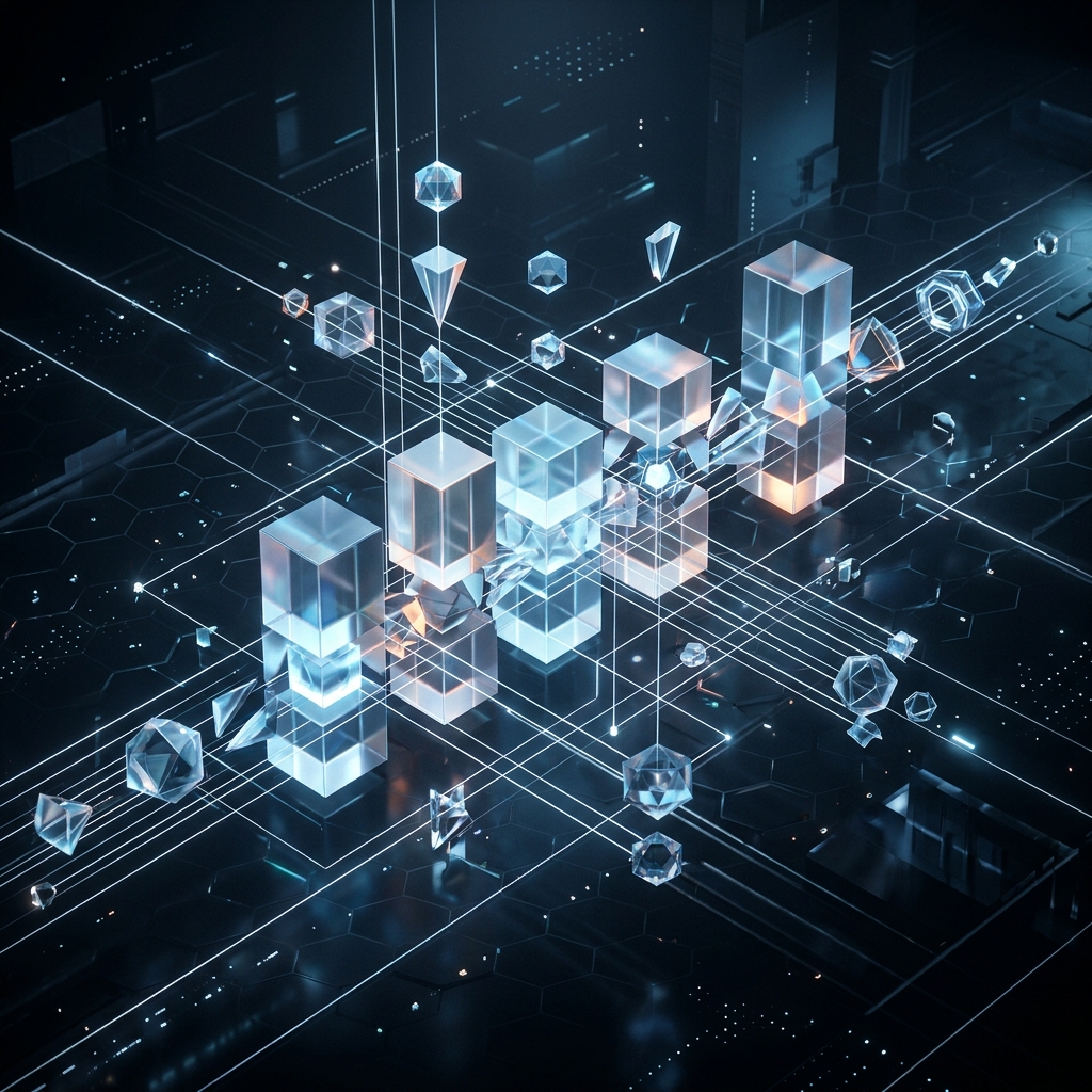 A sleek abstract 3D render representing brand compliance with floating glass prisms and connected guidelines.