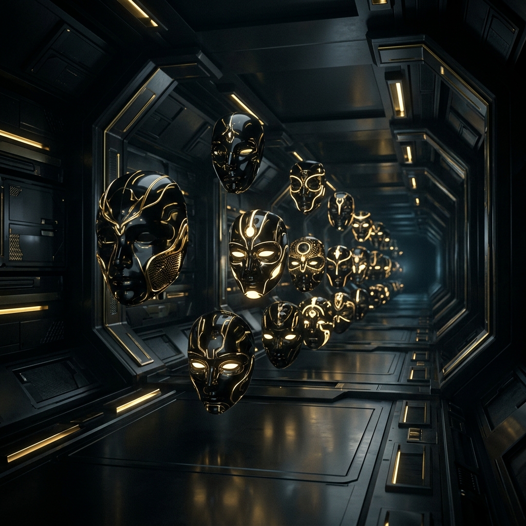 A sleek abstract 3D corridor of floating glossy black mask-like shapes with glowing gold details.