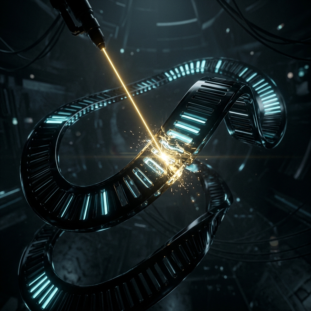 A sleek abstract 3D render representing surgical edits with a golden laser beam modifying a black film timeline.