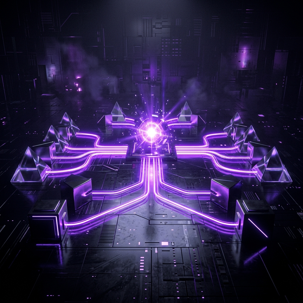 A sleek abstract 3D render representing style consistency with a violet glowing core and glass pyramids.