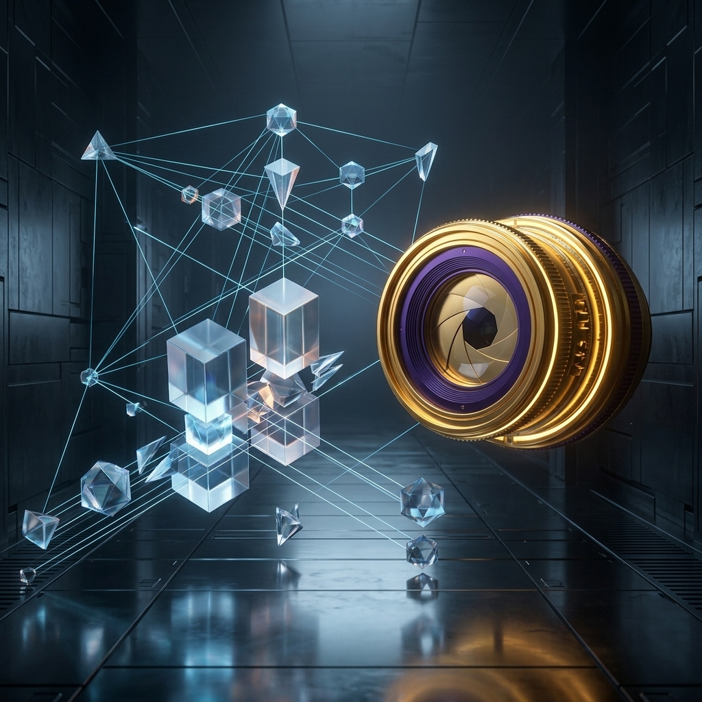 A sleek abstract 3D render comparing a floating luminous multi-tool constellation (ImagineArt) against a pristine golden glass directorial aperture (RizzGen).