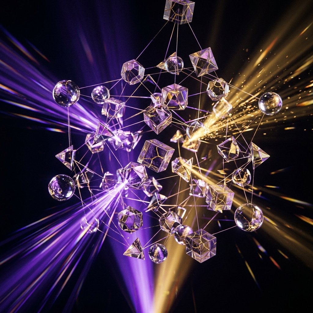 An intricate matrix of floating geometric glass prisms and crystal spheres, dividing and orchestrating a beam of violet and gold light in a dark space.