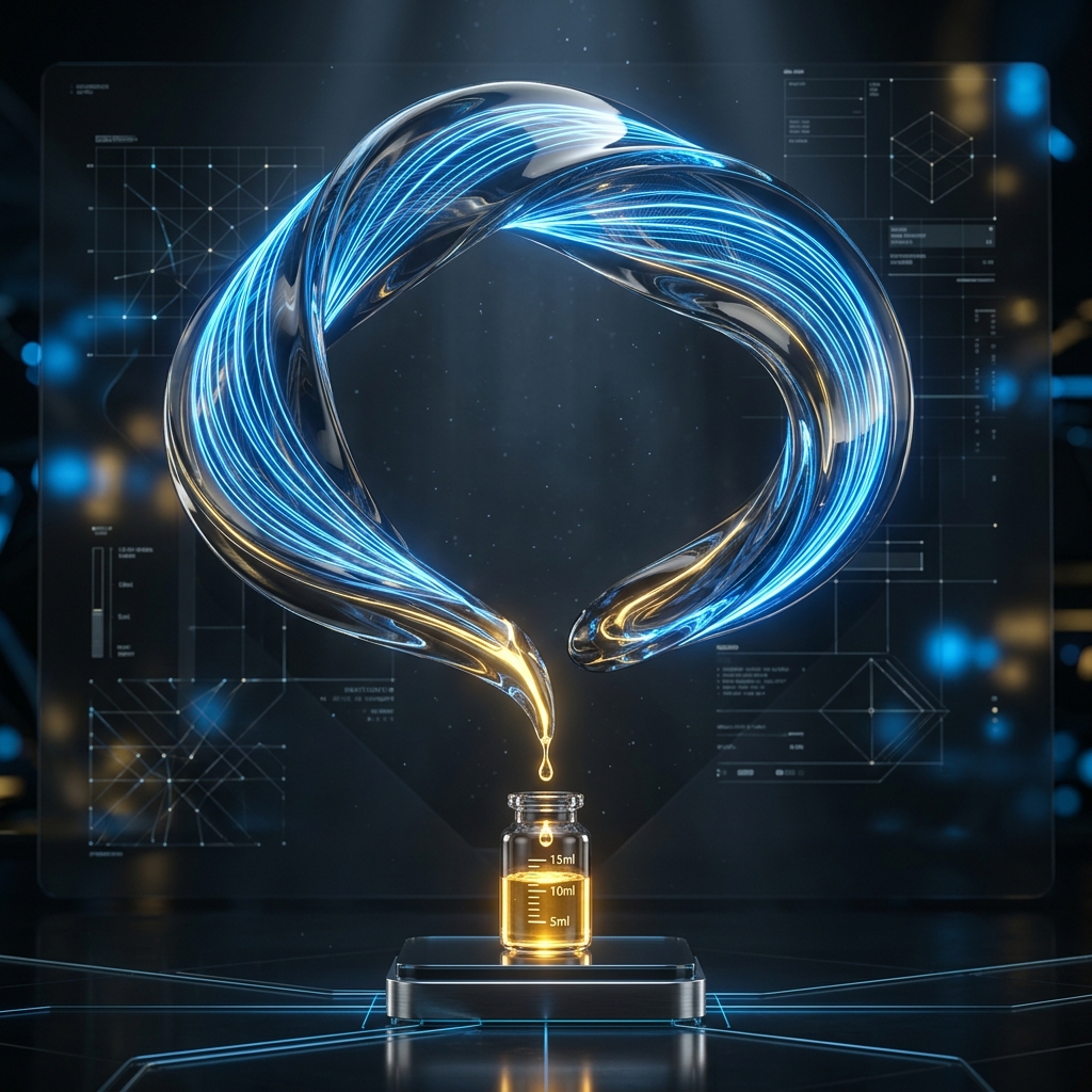 A sleek abstract 3D render of an infinite glowing loop that narrows into a small measured vial of golden liquid.