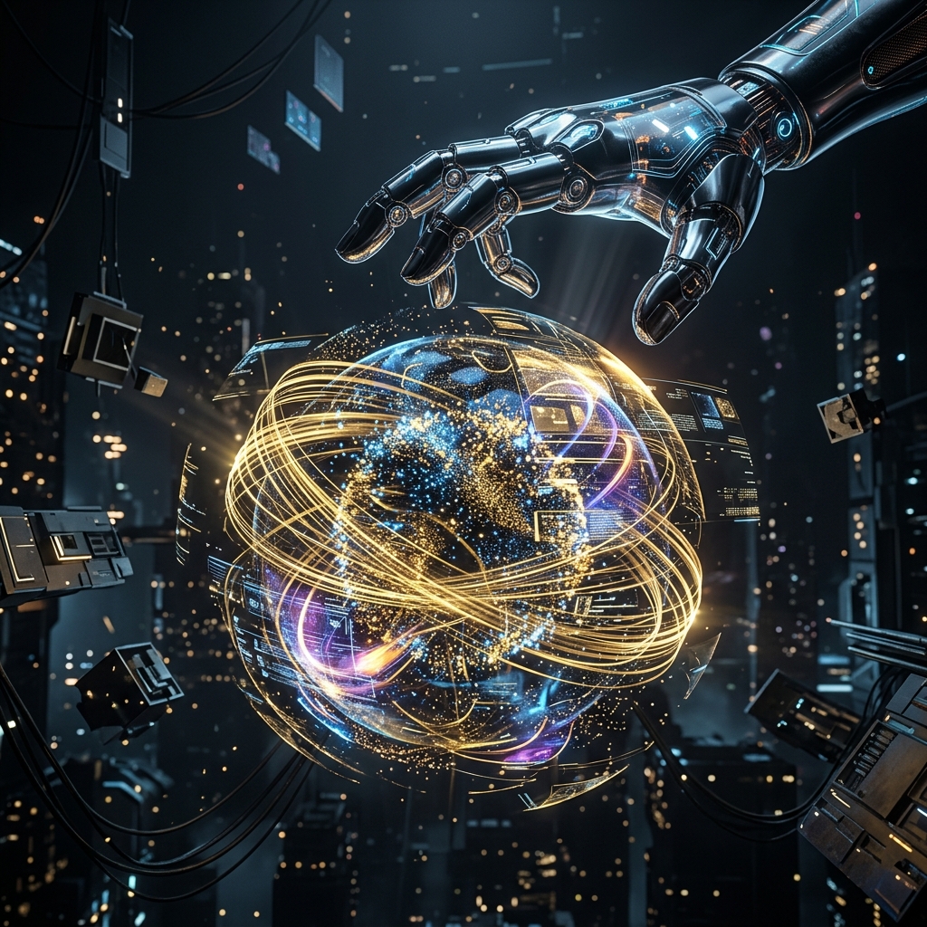 A sleek abstract 3D render of a glass and chrome hand directing a complex glowing particle sphere.